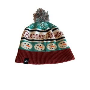 Brooks Running Beanie Multicolor Snowman Holiday Pom-Pom Fleece Lined Knit Hat